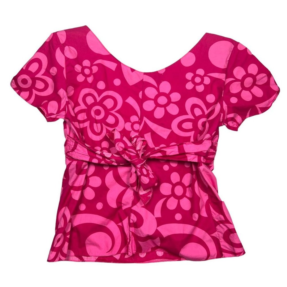 2000's Marni pink and red floral print cropped cotton blouse with tie back - Picture 3 of 4